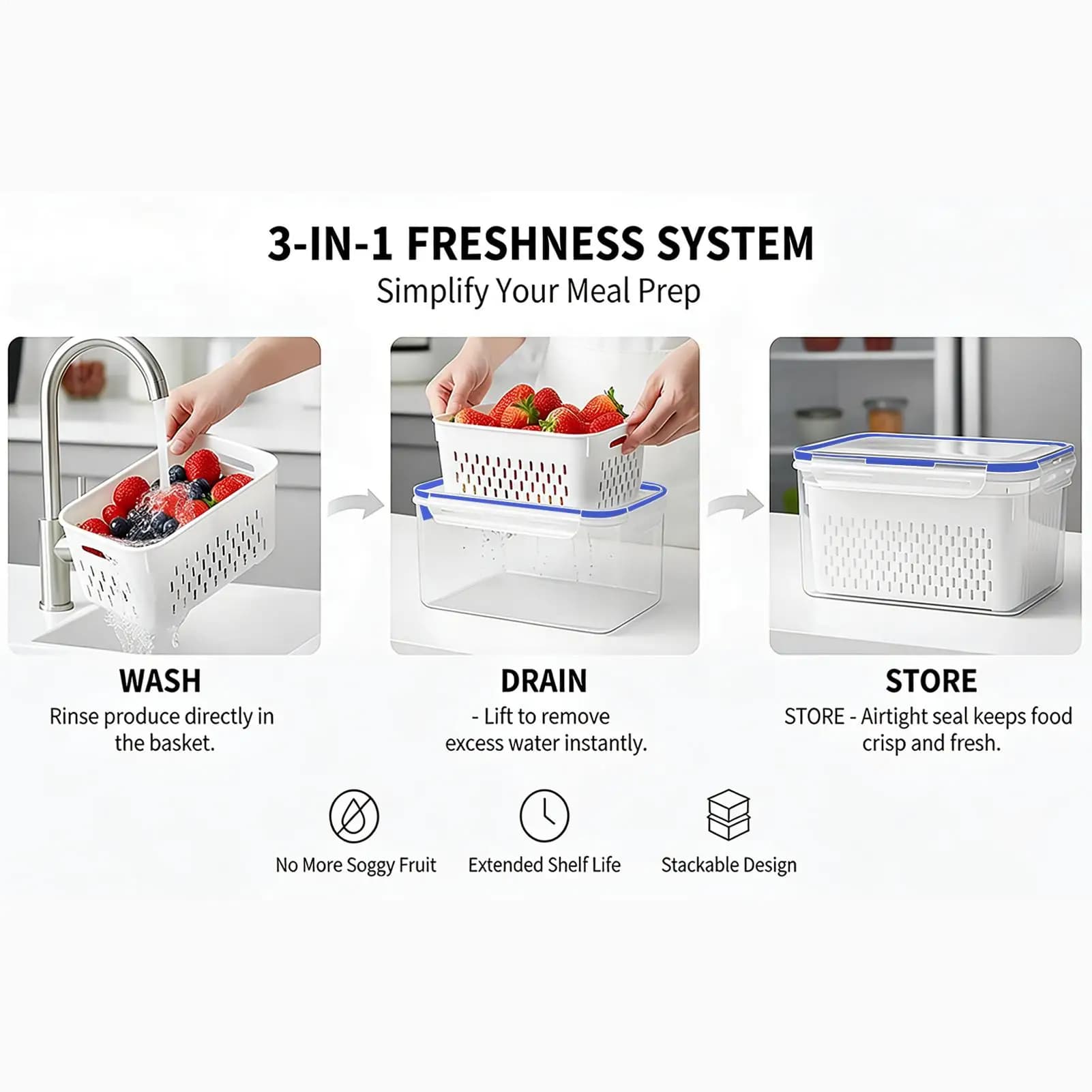 Food container 4 in 1 Transparent sealed container 4 in 1 with removable colino for fruit and vegetable storage