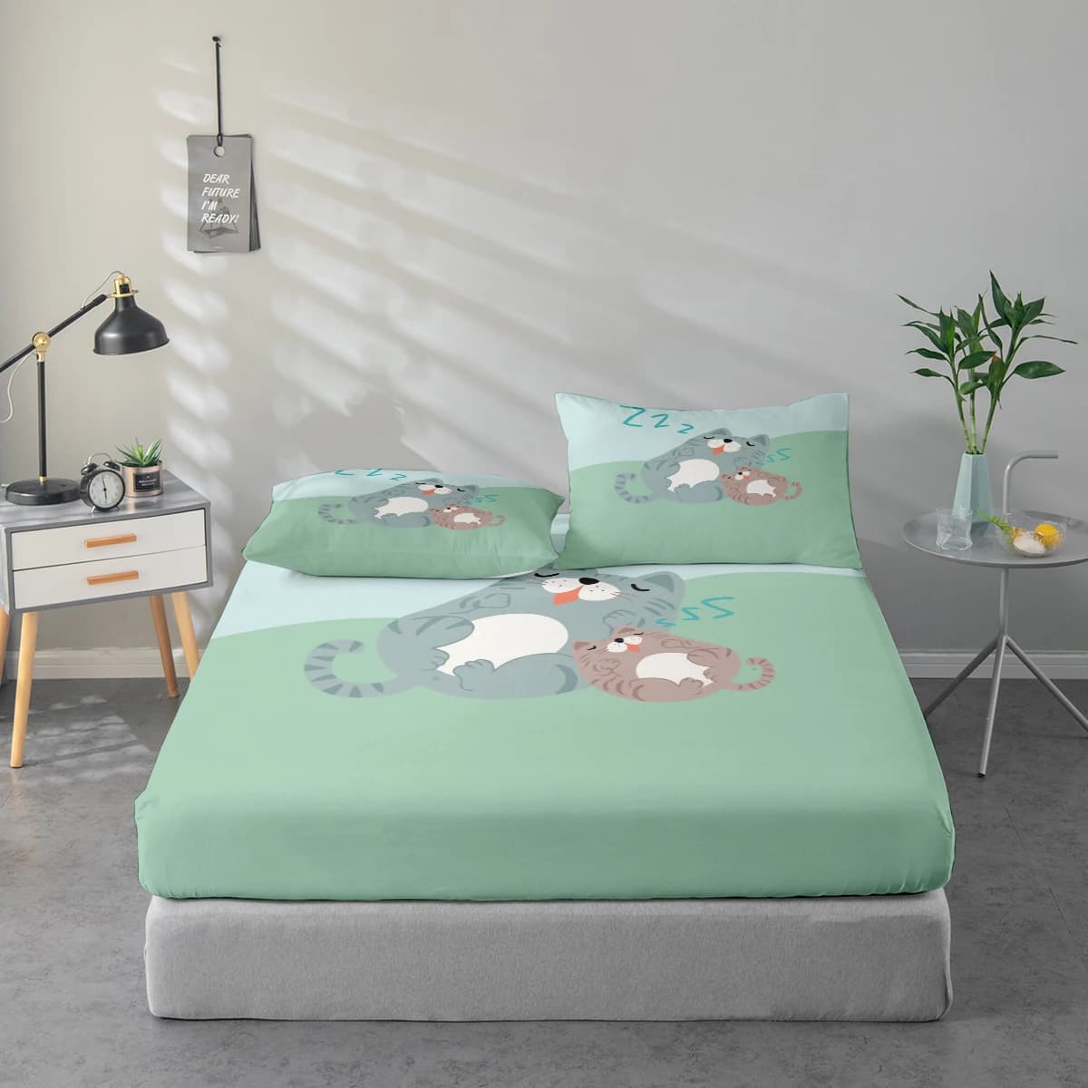 Set di lenzuola con motivo stampato gatto carino, protezione per materasso e federa combinati, set di lenzuola stampate ad alta definizione include 1 lenzuolo + 1 o 2 federe (1 federa per 60*100 cm e 2 federe per 72*132 cm, le altre misure sono 2 federe), adatto per camera da letto e stanza degli ospiti, biancheria da letto in poliestere ultra morbido, lavabile in lavatrice, utilizzabile in tutte le stagioni