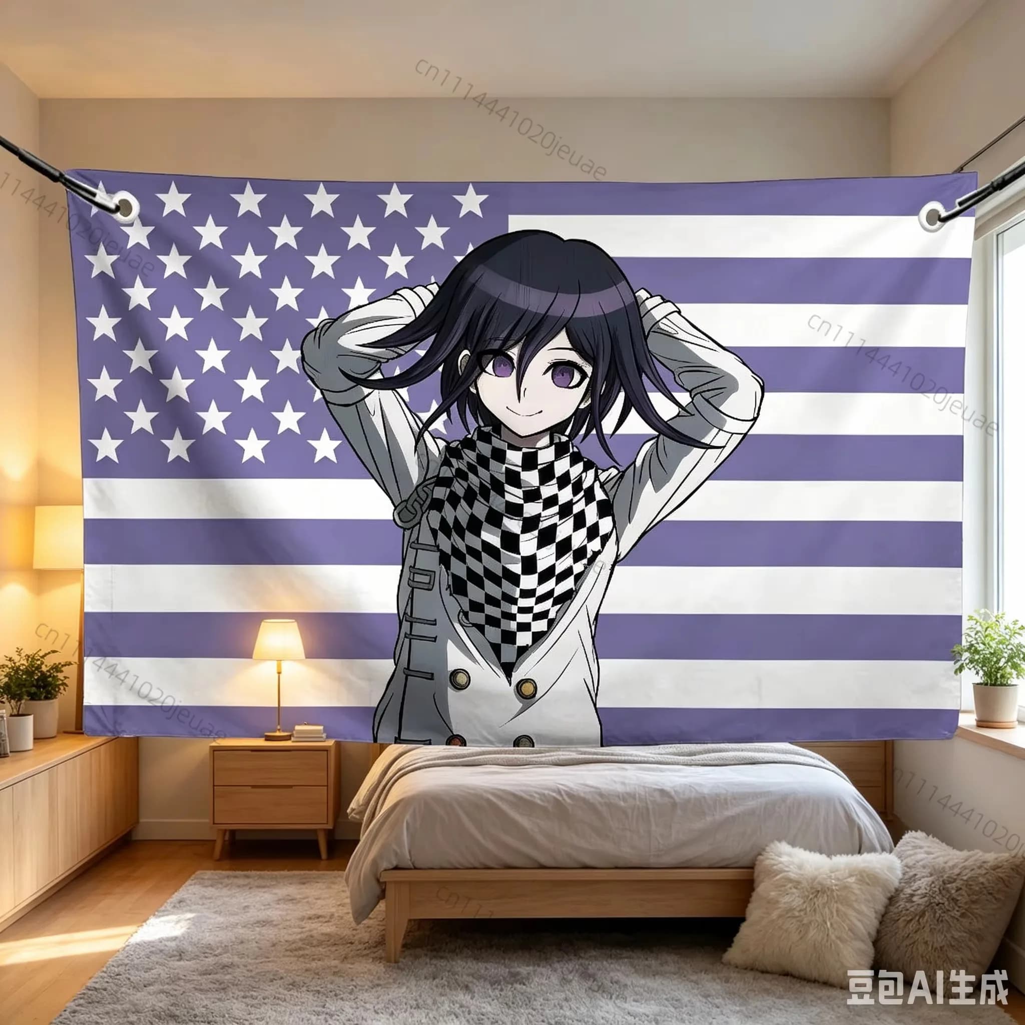 Ibuki Mioda D-DanganronpaS Pink American Flag Tapestry, Anime Wall Art Backdrop Cloth for Bedroom Dorm Aesthetic Decor