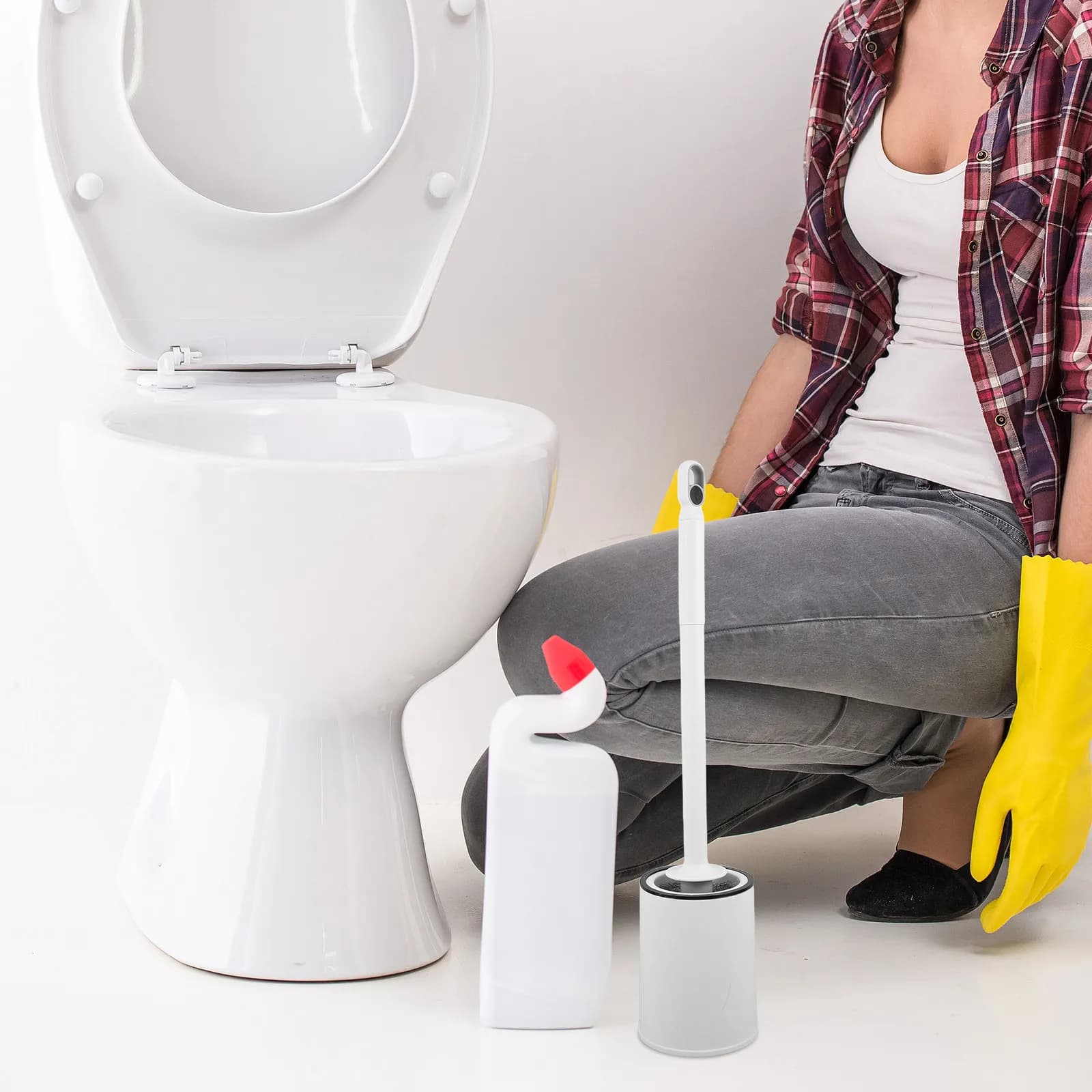 1Set Toilet Brush Holder Plastic Freestanding Long Handle Bathroom Brush Set Deep Cleaning Toilet Bowl Cleaner Stable Non Slip