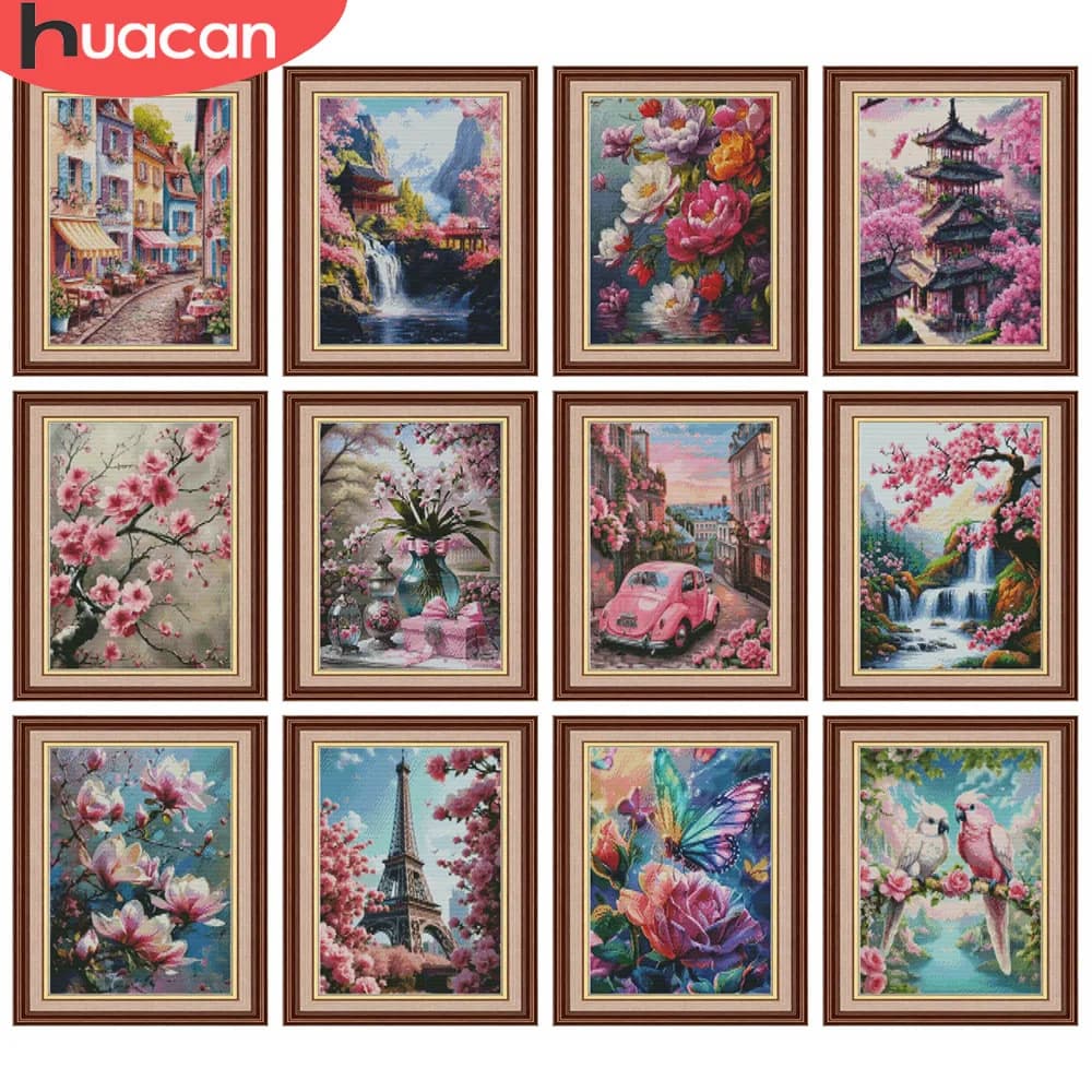 HUACAN 11CT House Embroidery Kits Cherry Blossom Landscape Building Cross Stitch Sets Flower City Nature Needlework Handmade