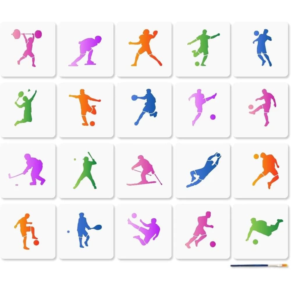 20 stencil sportivi (5,9x5,9 pollici) per calcio, basket, atleti e pennelli - Riutilizzabili