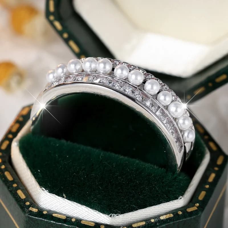 2026 New Korean Triple Layered Pearl Ring with Open Mouth, Ladder Square Zirconia, Light Luxury Adjustable Niche Accessory
