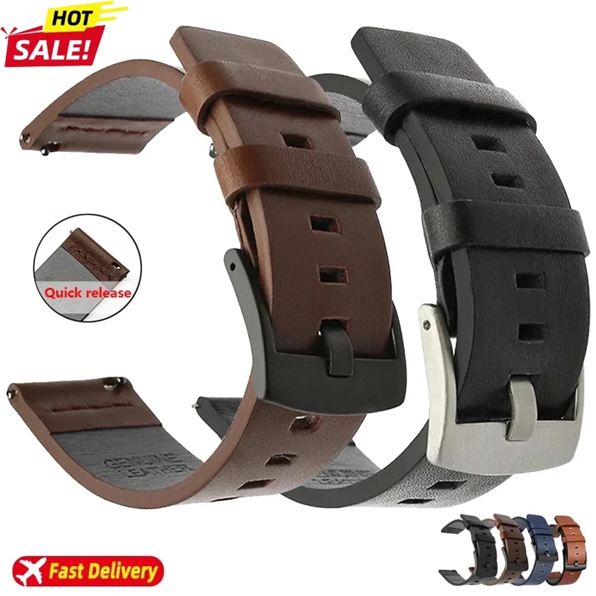 20mm 22mm Leather Watch band for Samsung Galaxy Watch 7 6 5 4 40 44mm Quick Release Strap for Huawei Watch GT2 WatchBand 18 24mm