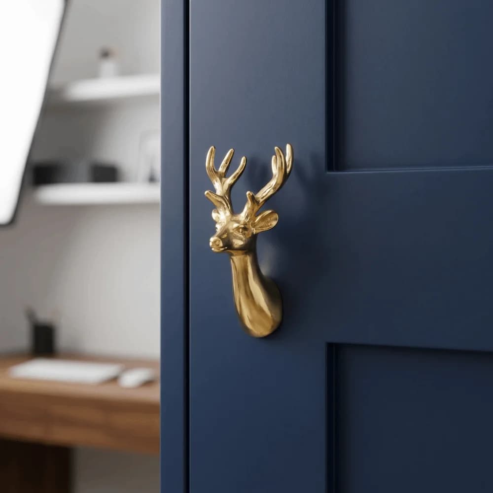 Retro Brass Cabinet Pull Single Hole Furniture Hardware Solid Deer Head Drawer Handle Animal Series Home Decor