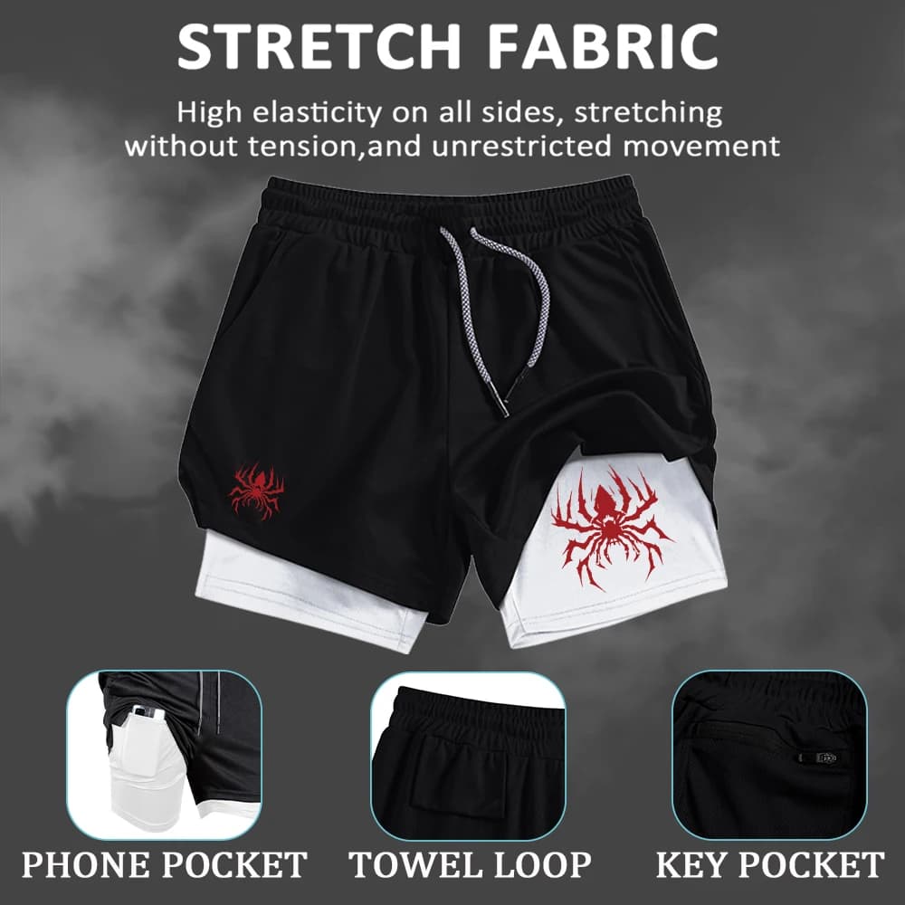 Men's Gothic Spider Print 2 In 1 Sports Shorts Elastic Quick Drying Casual Beach Shorts Summer Fitness Cycling Surfing Shorts