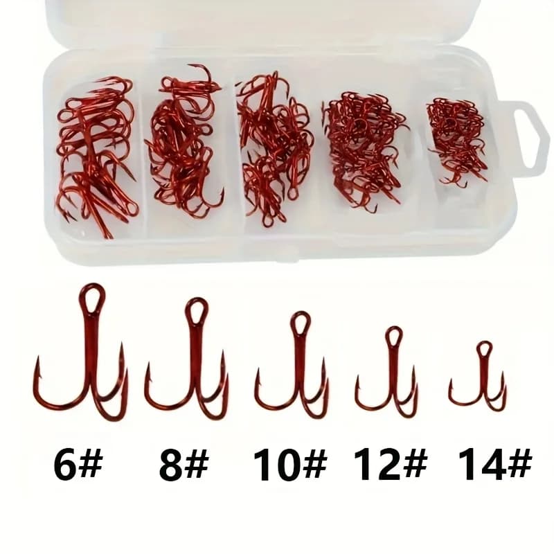 Set di tre ami di ancoraggio rossi da 100 pezzi - Amo da pesca in acciaio ad alto tenore di carbonio con set di 5 modelli, durevole e affilato - Adatto per la pesca d'acqua dolce e salata - Regalo ideale per gli amanti della pesca