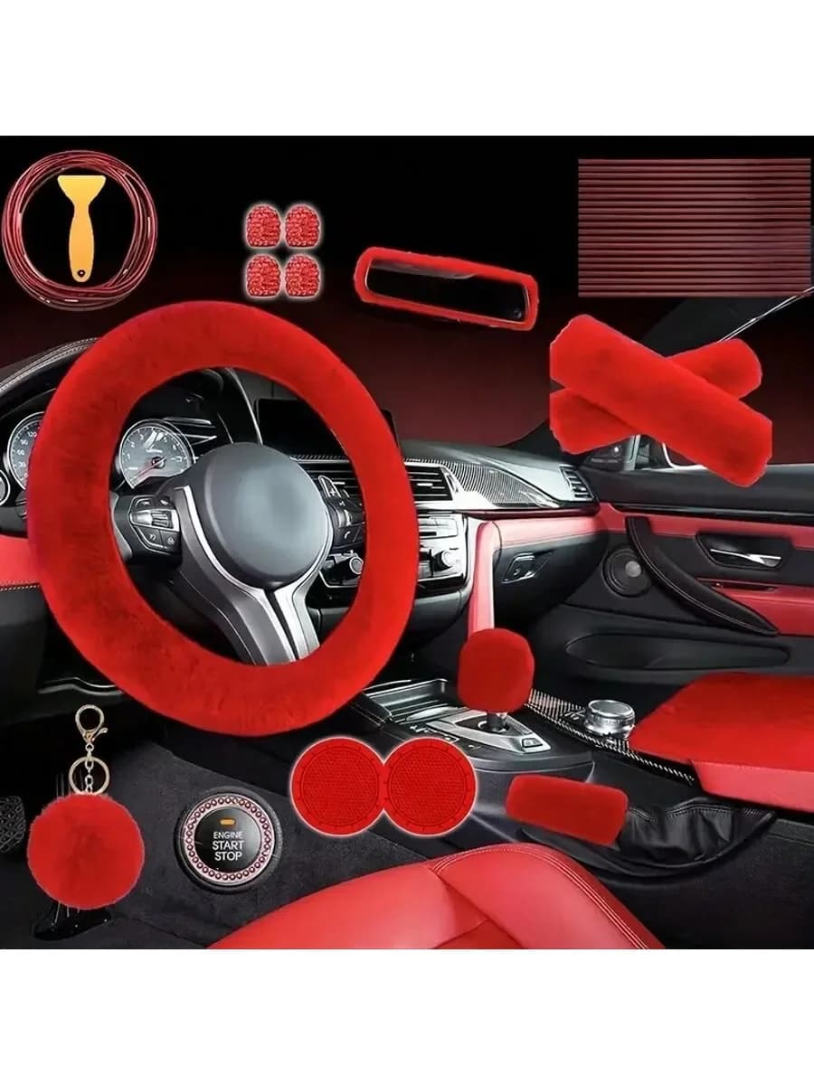 37pcs Luxury Car Accessory Kit - Plush Goddess Charm, Steering Wheel & Gear Covers, Handbrake Protector, Coasters & More -