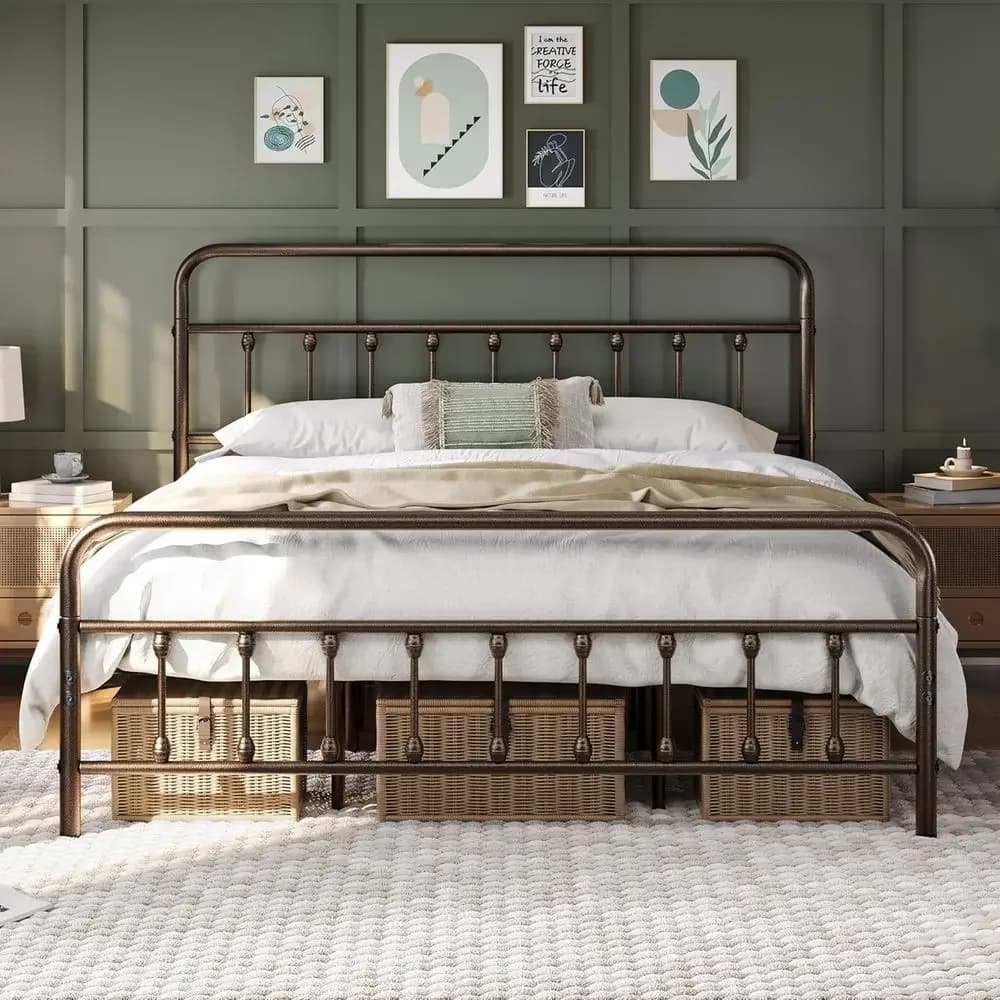 Elegant double bed in metal with iron decorations, mattress base, container under the bed, does not require spring net - Bestseller