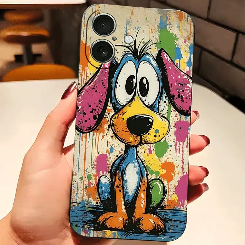 Cover Posteriore Anti-Caduta in TPU con Graffiti Colorati a Tema Cucciolo per iPhone 17 16 15 14 13 12 11 Pro Xs Max Plus Air Mini XR X 17e 16e