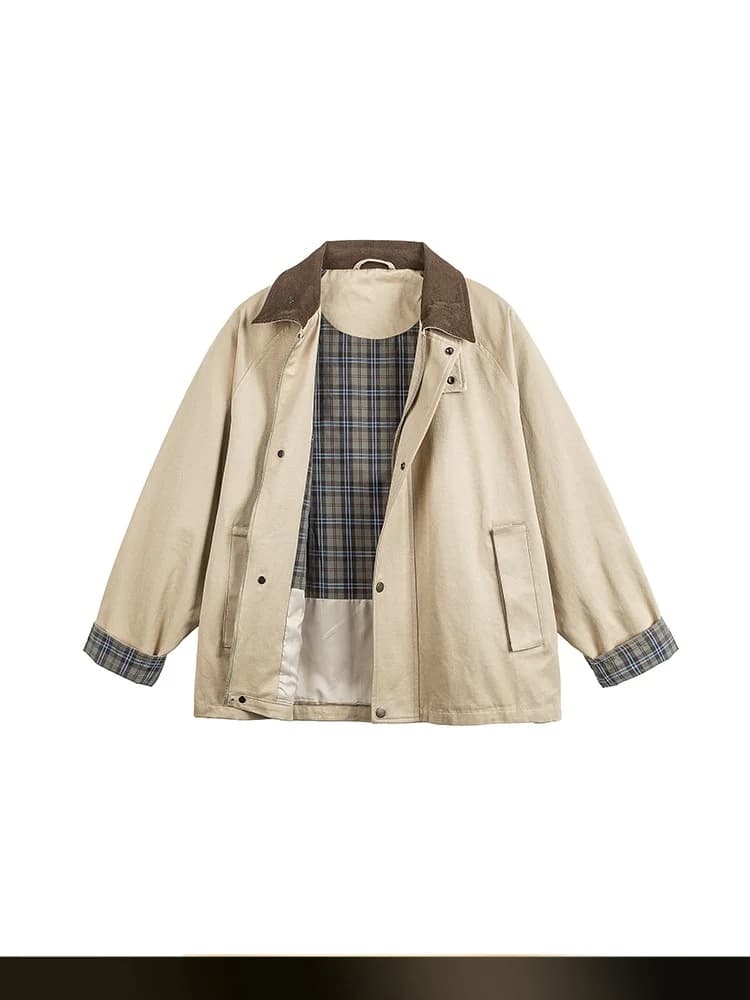 American Retro Patchwork Corduroy Collar Jacket Men's Loose Versatile Autumnal Outerwear for Couples Hunting Style Coat