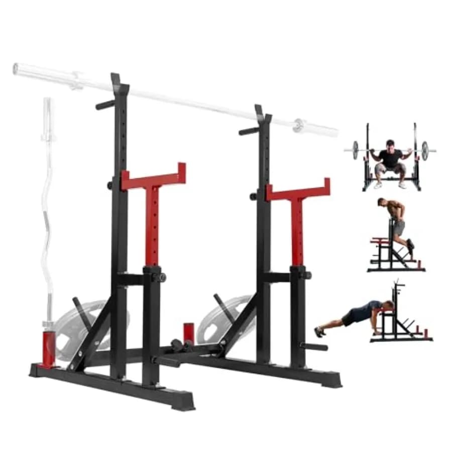 Adjustable Squat Rack for Home Gym with Multifunction Library Support, Dip Bar, Flat Bench and Steel Bearing Station