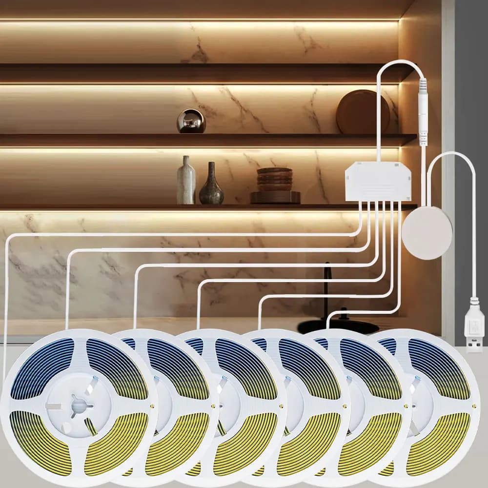 Strisce LED COB a induzione USB 5V Striscia COB 1/3M Striscia 1-6 pezzi con interruttore dimmer tattile in legno penetrante per vetrina, armadio