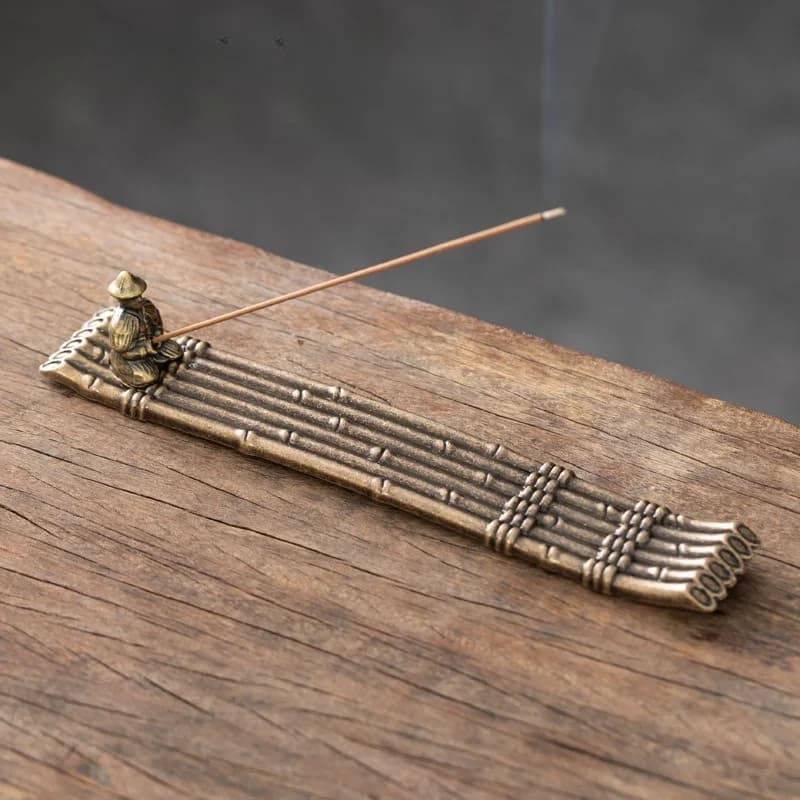 Antique Alloy Fisherman Incense Holder, Bamboo Raft Stick Incense Burner, Chinese Zen Home Aroma Ornament