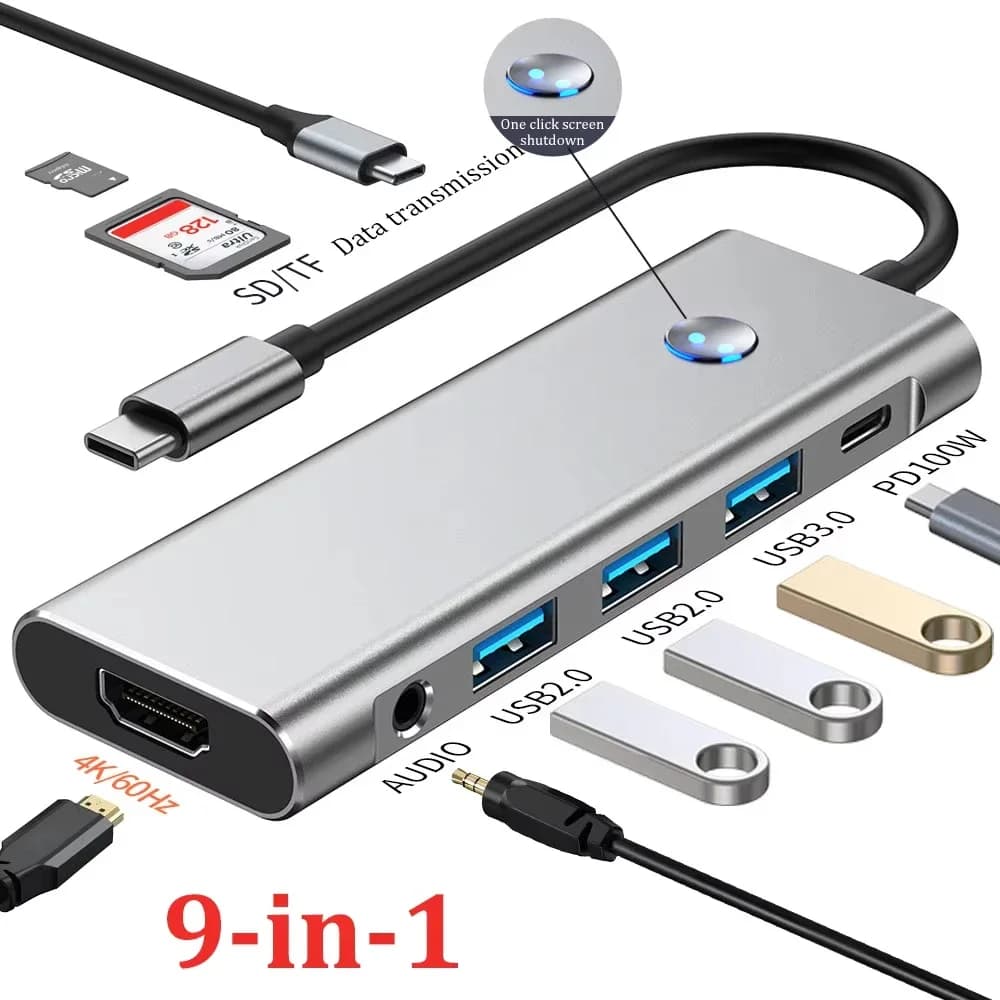 Docking station USB C 9-IN-1 HUB TYPE-C a HDMI 4K 60Hz con pulsante di spegnimento dello schermo USB 3.0 HUB da 5 Gbps 100 W Ricarica rapida per MacBook