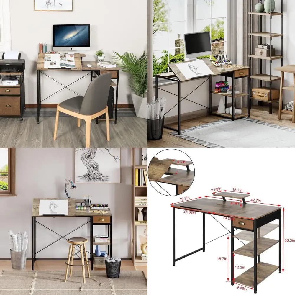 Scrivania artistica regolabile con 43 ripiani e cassetto portaoggetti, supporto per monitor, tavolo da disegno inclinabile per ufficio domestico, artistico e Wri