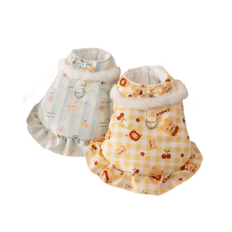 Gilet per cani caldo Abito imbottito in cotone a due gambe con imbracatura per guinzaglio ad anello a D per cani di piccola taglia Bichon barboncino Teddy foderato in pile Allover Print