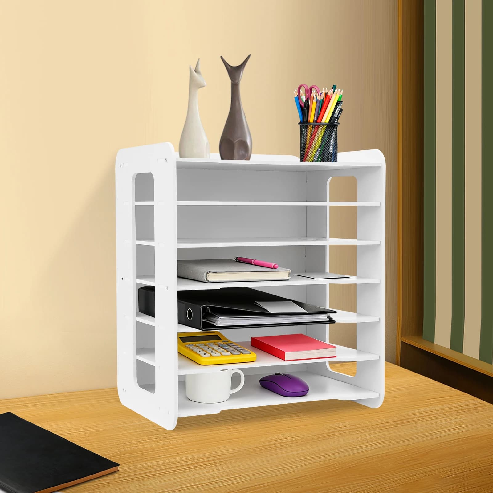 BYMAOCAR 7-Tier Desk File Organizer with Hollow Side Panels, Document Holder for A4 Paper, Letters & Folders, Eco-Friendly Material, 13.38×9.84×15.35 Inch