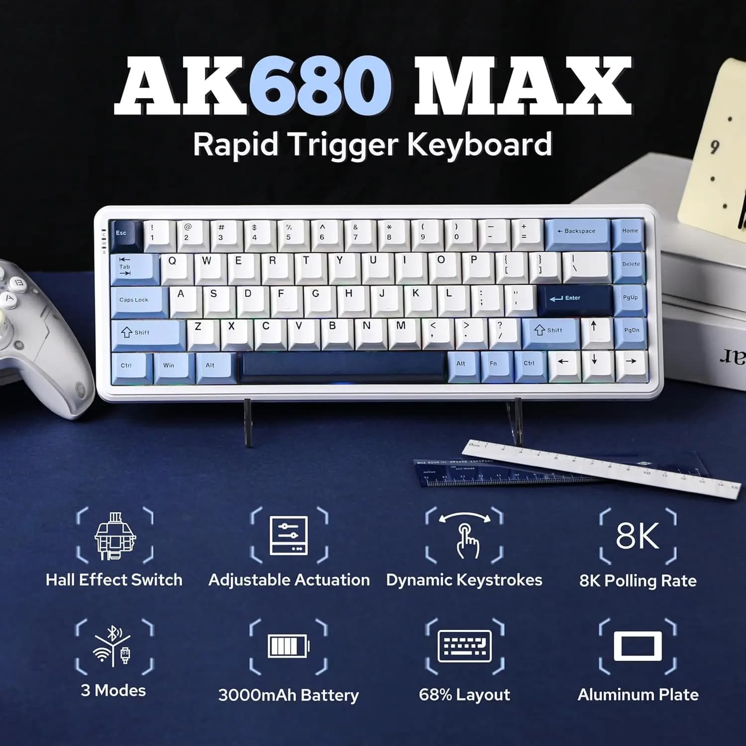 Tastiera Meccanica Wireless AJAZZ AK680 MAX con Switch Magnetici, Tri-Modalità, Hot Swap, 8k Gaming, Bluetooth, 68 Tasti per PC eSports