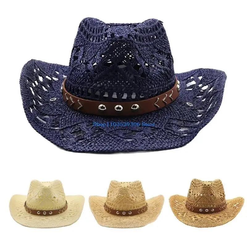 400A Vacation Cowboy Hat Straw Hat Beach Belt Adornment Panama Hat for Club