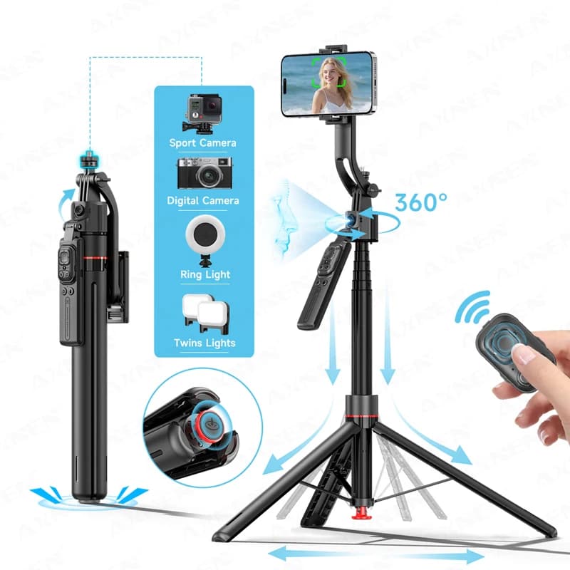 TT07 AI Face Tracking Gimbal 69" Extendable Selfie Stick Auto Pop Open Tripod for Cellphone with Wireless Remote, Optional Light