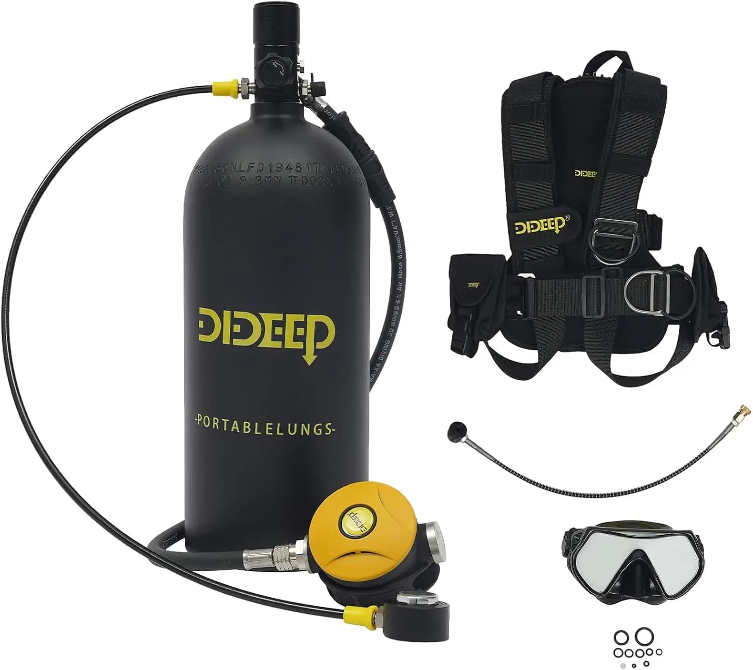 Portable Mini Scuba Tank Kit with 8mm Inflation Adapter, 2L/3L/4L Diving Cylinder for Snorkeling and Underwater Breathing, Backup Oxygen Supply - Black/Green/Yellow