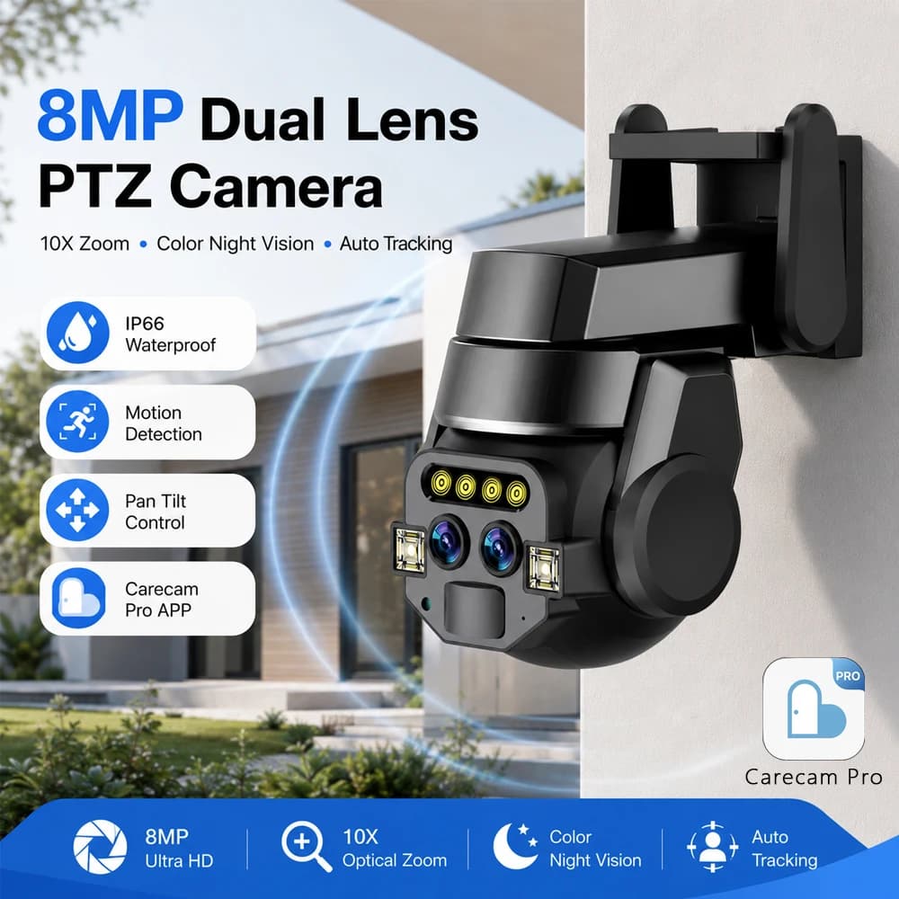 Telecamera di Sorveglianza PTZ da Esterno 4K 8MP con Doppia Lente, Controllo Pan-Tilt, Zoom 10X, Visione Notturna a Colori e App Carecam Pro