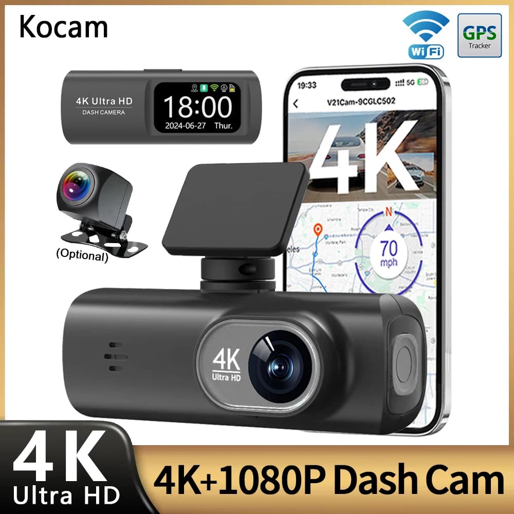 Dash Cam UHD 4K WiFi a Doppia Lente, Registratore di Guida DVR per Auto con Telecamera Posteriore Opzionale 1080P, GPS, Monitoraggio Parcheggio 24H, Scatola Nera