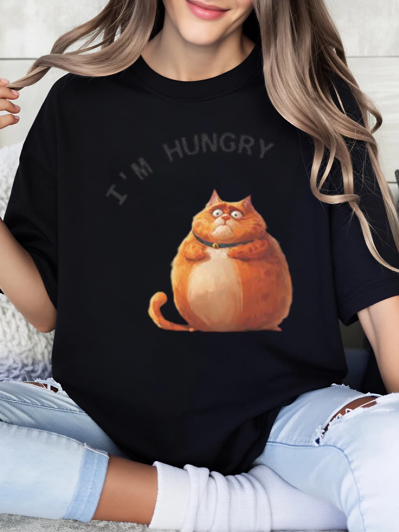 T-shirt con stampa I'M Hungry Cat Abbigliamento casual da donna di Halloween Nero Taglie forti