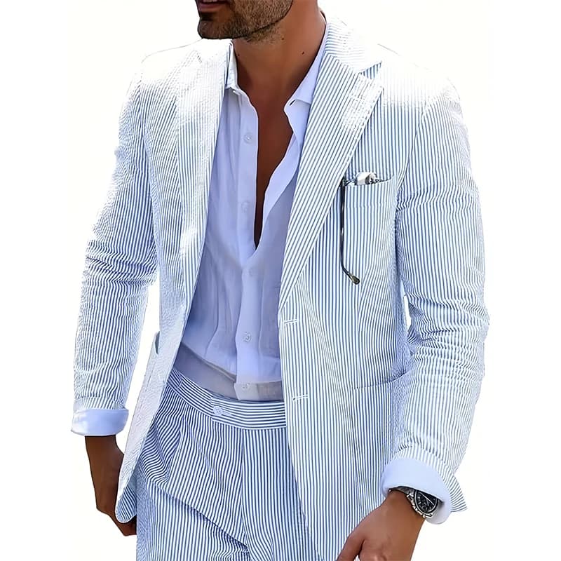 Suit Blazer Jacket Men's Striped Seersucker Suit Jacket Summer Lightweight Casual Blazer Wedding Business Formal Event Occasions