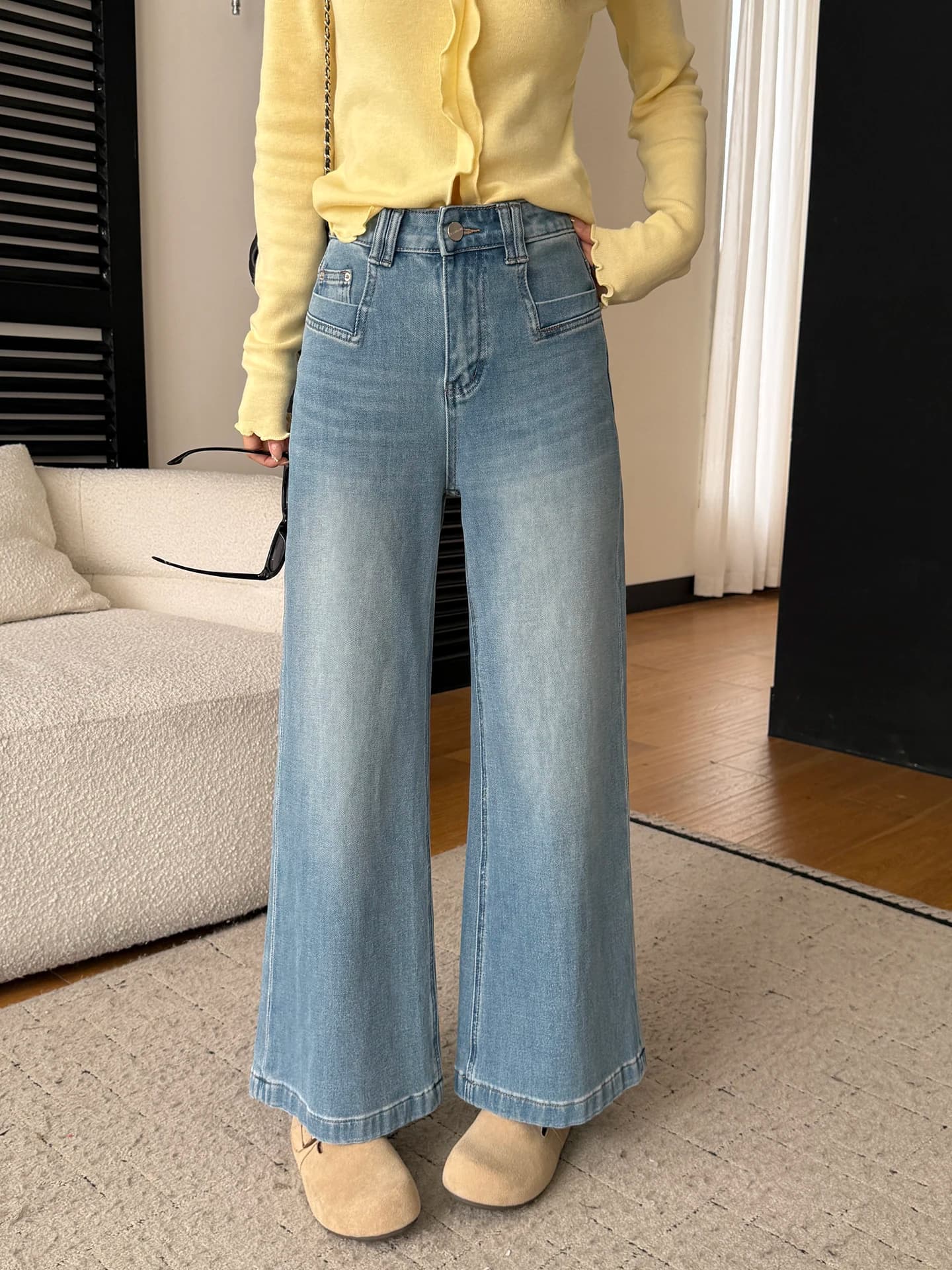 Jeans Universali da Donna a Vita Alta, Gamba Larga, Blu Chiaro, in Cotone Elasticizzato, Moda Primaverile, Traspiranti e Comodi