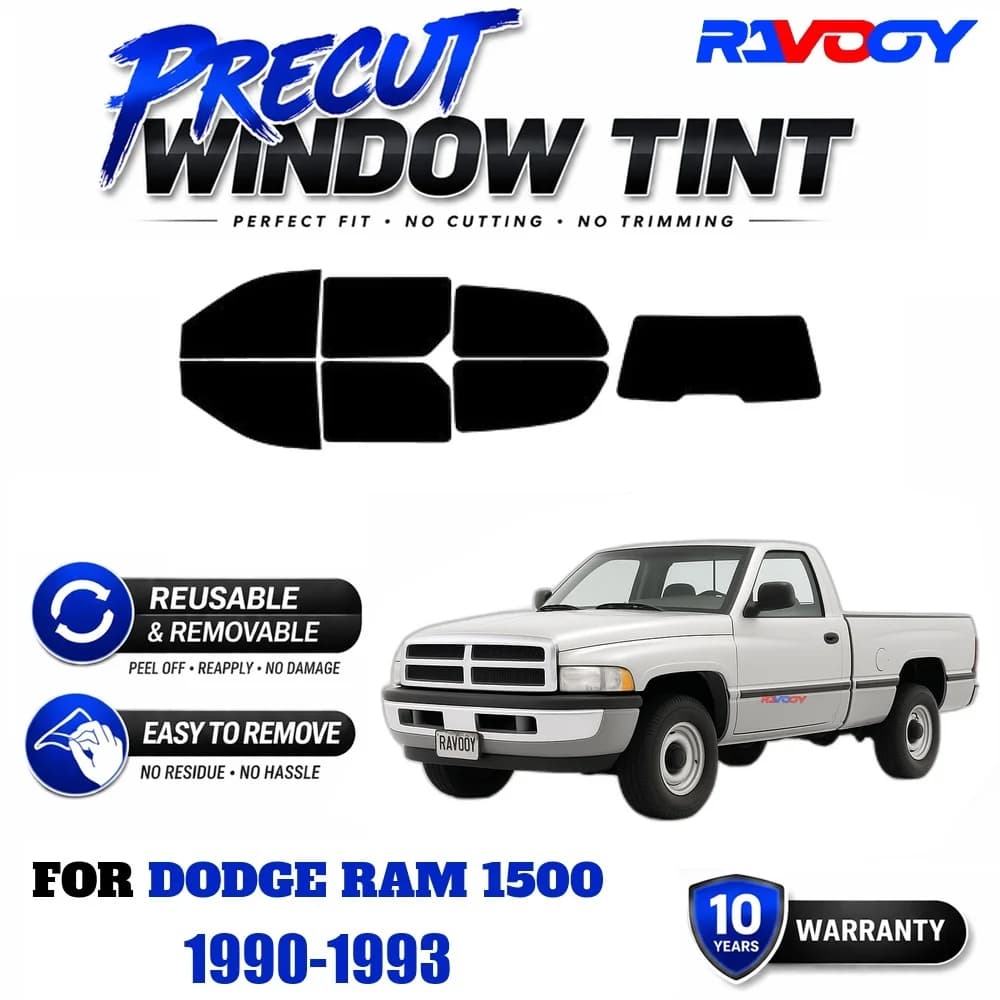 RAVOOY Precut Window Tint, Reusable Removable EPU Film, Custom Fit for Dodge Ram 1500 1990-1993, UV Heat Protection