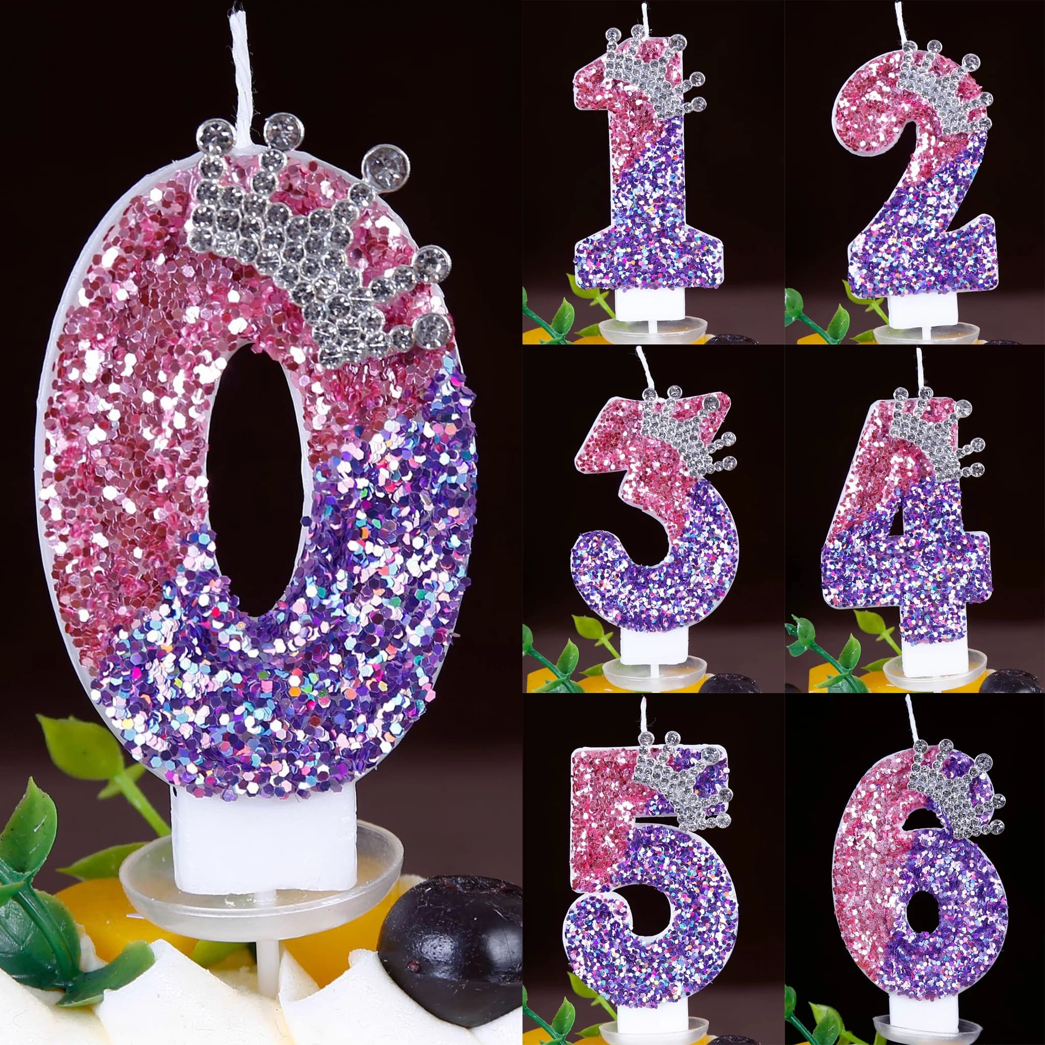 Gradient Pink Purple Glitter Number Birthday Candles 0-9 with Silver Crown Cake Topper for Girls Kids Birthday Party Decor