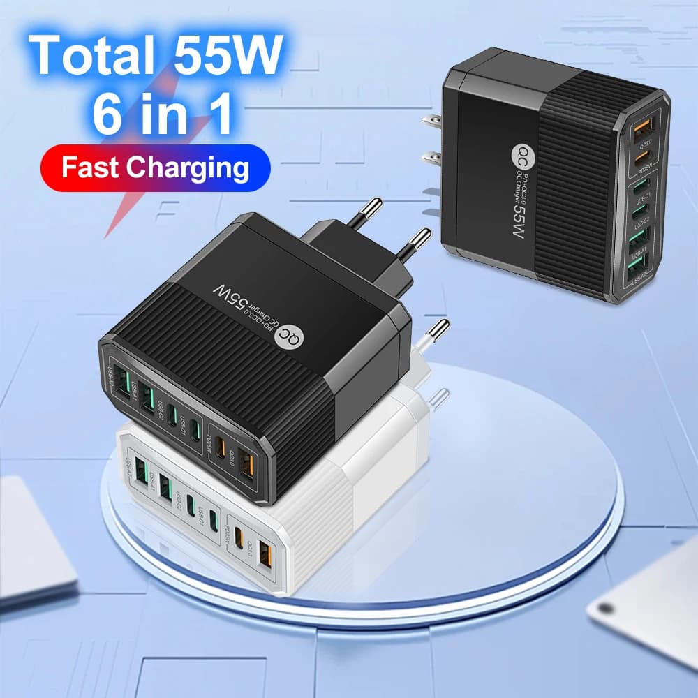Caricatore USB totale da 100 W Ricarica rapida Caricatore da viaggio Quick Charge 3.0 a 6 porte per iPhone Samsung Huawei Caricatore per telefono