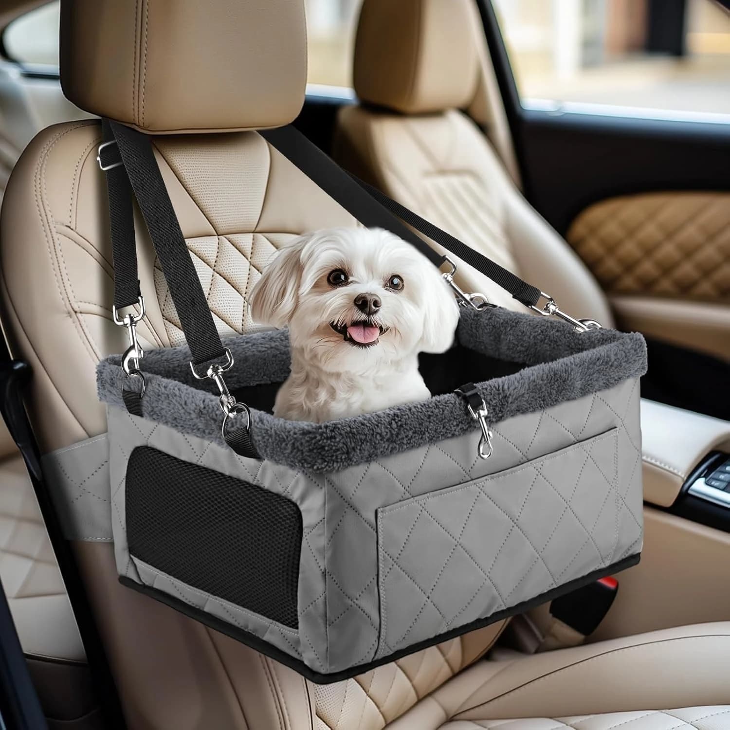 Seggiolino Auto per Cani di Piccola Taglia, Impermeabile in Pelle con Telaio in Metallo, Borsa da Viaggio Portatile