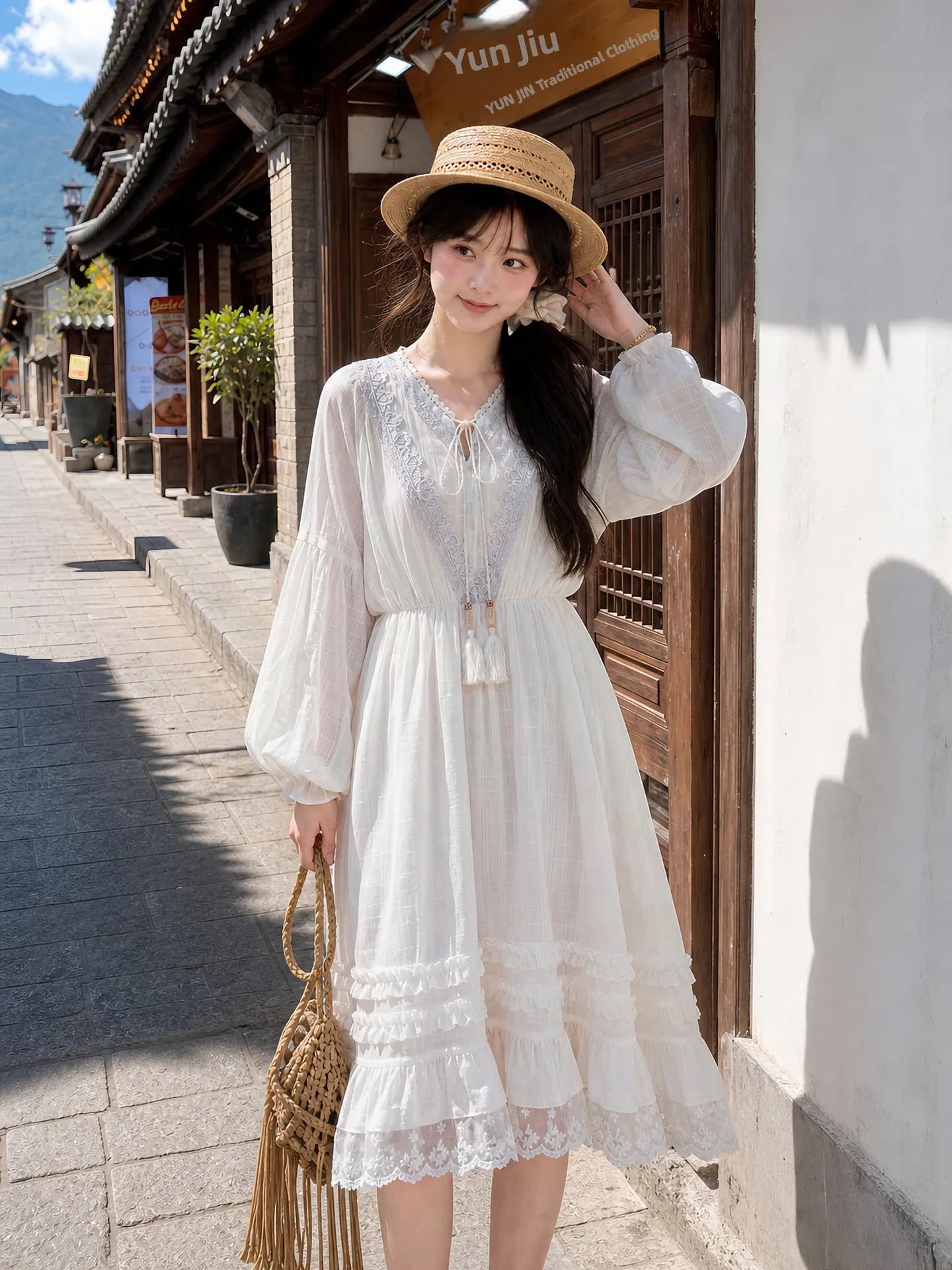 New Arrival Limited Time V-Neck Loose Lace Long Sleeve Dress Women's New Style Cotton Spring Summer Autumn A-Line Dress