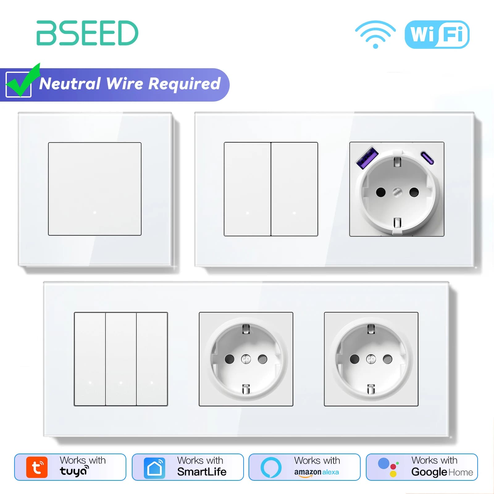 BSEED WIFI Interruttore Della Luce 1/2/3Gang 2Way Smart Click Interruttore di Pulsante Con Presa A Parete UE Pannello di Vetro Tuya Vita Intelligente Alexa di Controllo