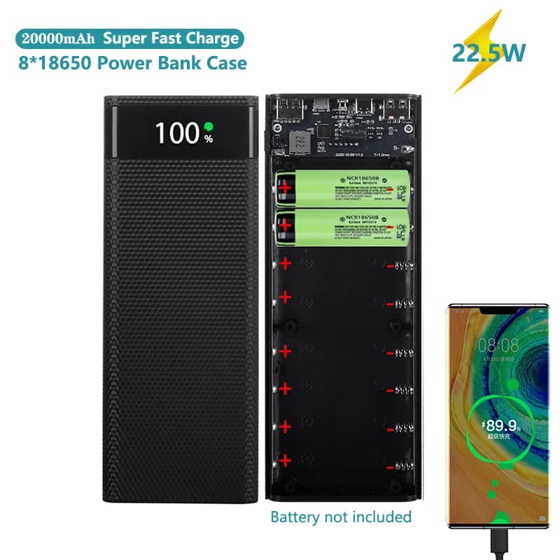 Custodia Power Bank 8*18650 con Doppia Porta USB e Ricarica Type-C, Scatola DIY per Batterie 18650 Compatibile con iPhone Xiaomi Huawei