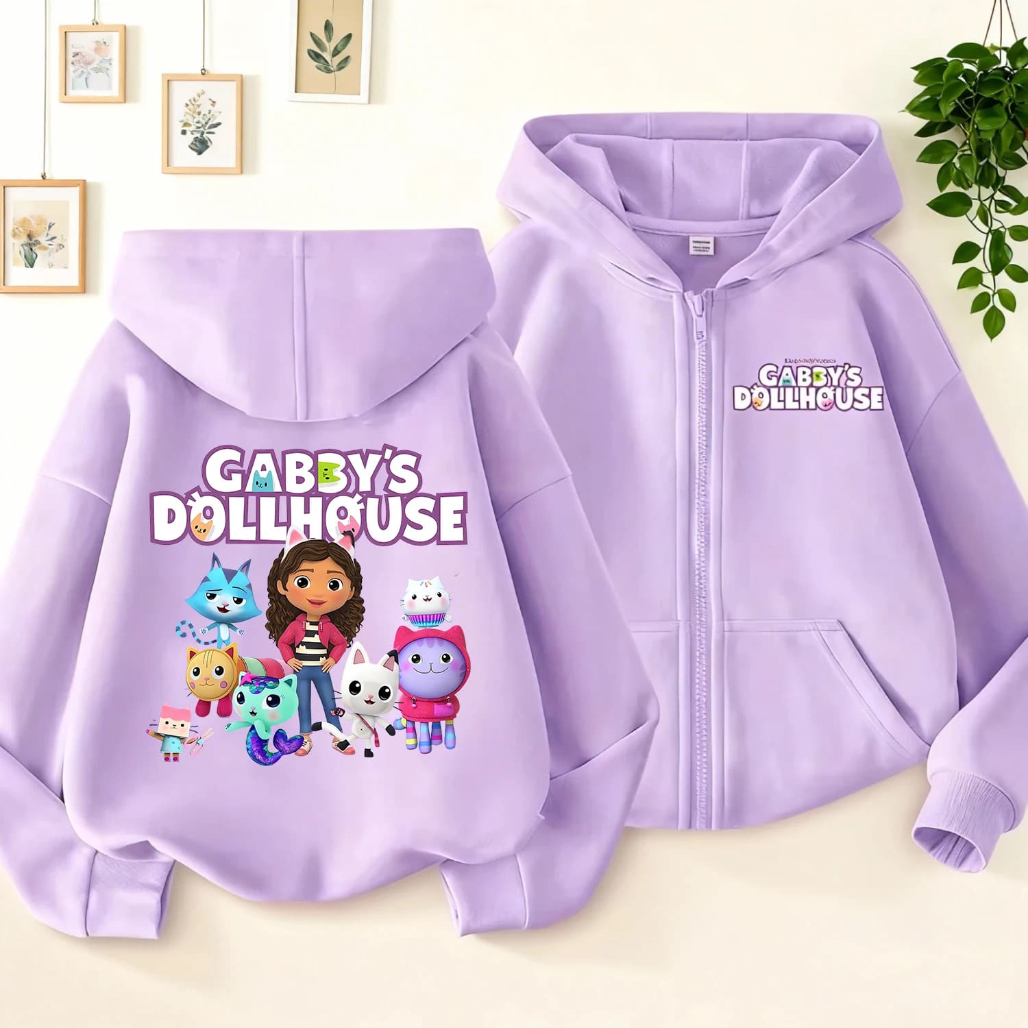 Gabby Dollhouse Felpa con cappuccio con cerniera Cappotto da cartone animato per ragazze Moda Anime Vestiti Giacca con cappuccio autunnale viola Felpa per bambini Kawaii Regalo