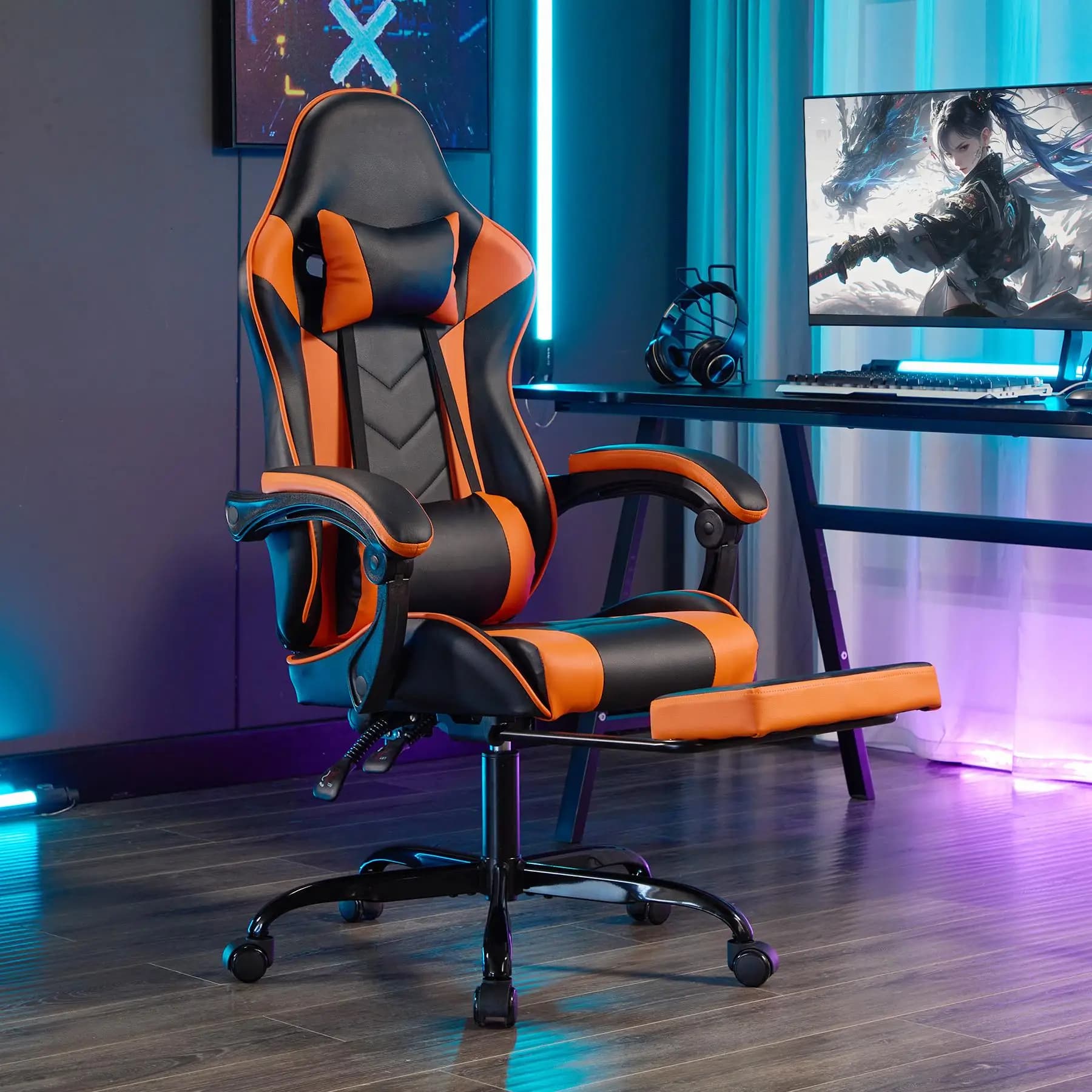 Ergonomic Gaming Chair, Lumbar Massage, Headrest, Footrest, Height Adjustable, 330lb Black/Orange