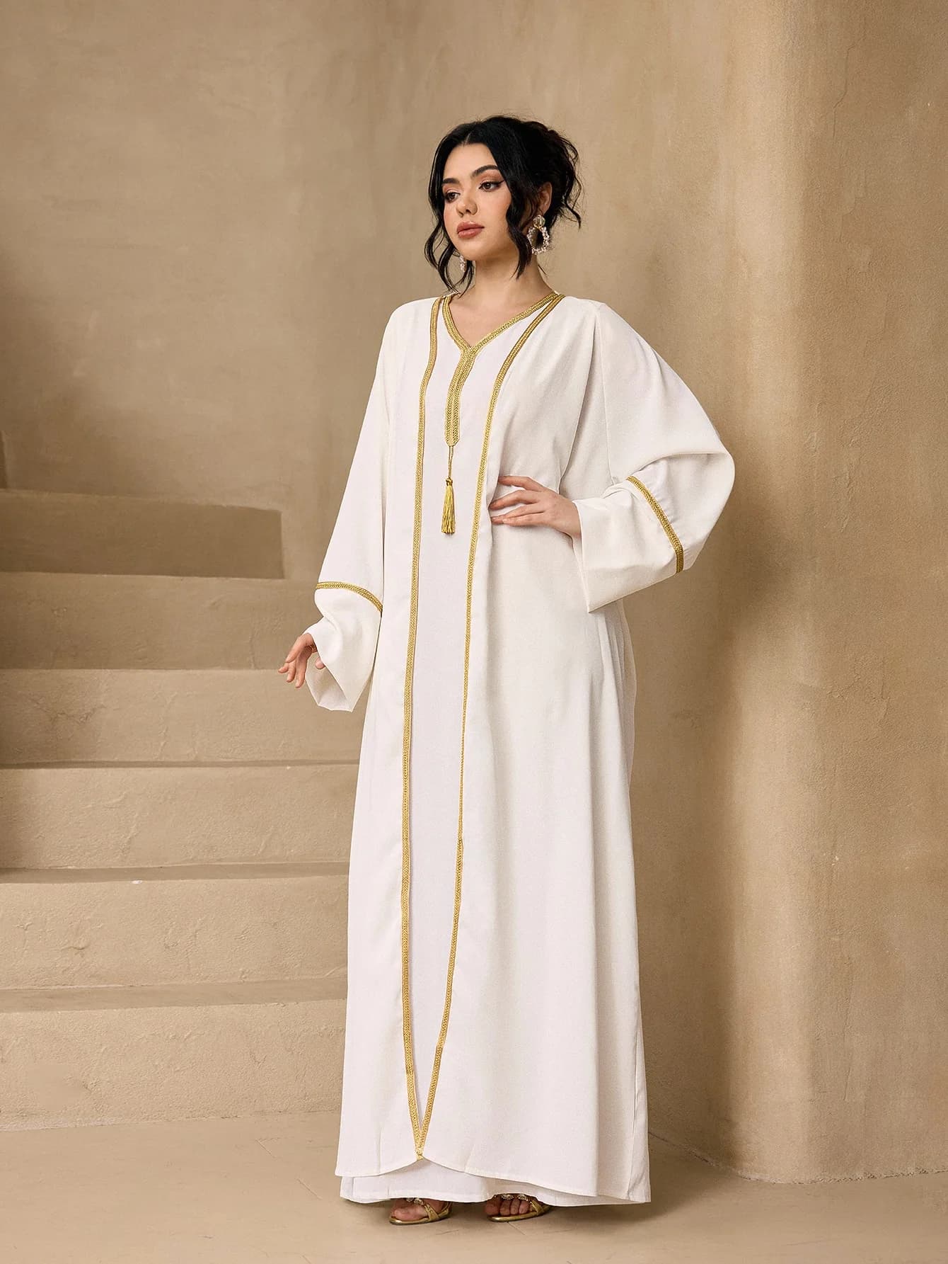 Gold Lace Trim Tassel V Neck Abaya Maxi Dress, Flare Sleeve Loose Modest Kaftan For Muslim Women Eid Party Daily Casual Outfit