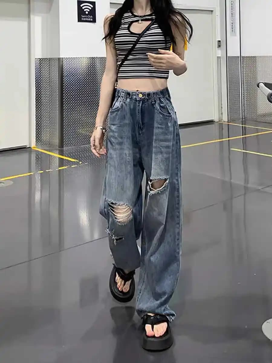 American Style High Waist plus Size Denim Jeans Women Spring Summer New Loose Straight Leg Long Pants Knee Hole Beggar