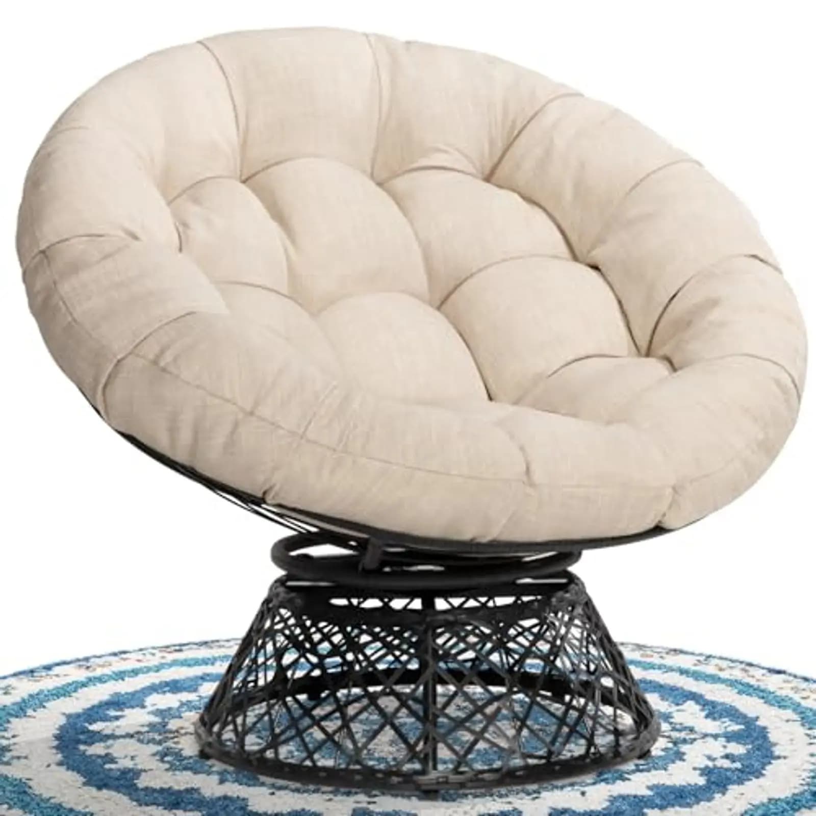 Sedia Papasan Ergonomica in Vimini, Cuscino Morbido e Spesso da 40 Pollici, Telaio in Acciaio Girevole a 360°, per Sala Lettura e Relax, Colore Sabbia Seppia