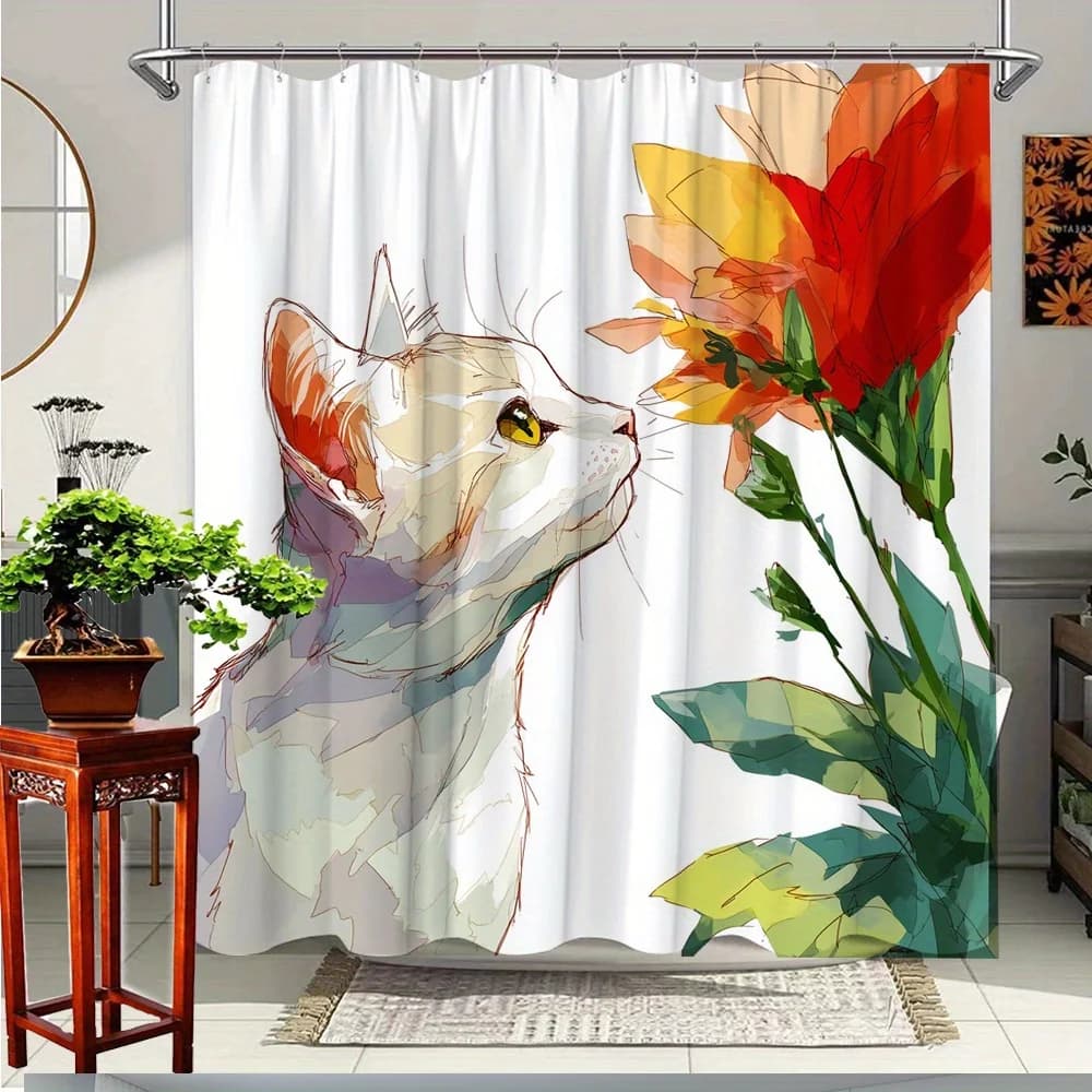 Tenda da doccia con motivo gatto e fiori - Design geometrico vivace con animali e motivi floreali, tessuto in poliestere resistente, 70,8x70,8 pollici