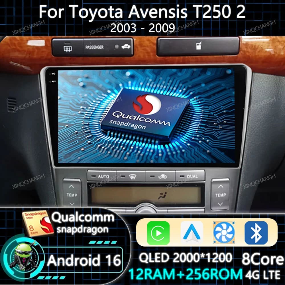 Android 16 Car Radio Carplay Auto For Toyota Avensis T250 2 II 2003 - 2009 Head Unit Navigation BT Multimedia Video Player QLED