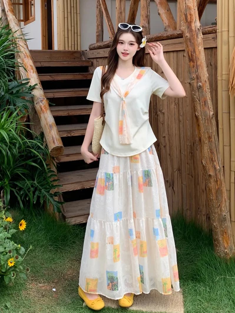 Elegant plus Size Summer Korean Style Shoulder Shawl Arc Waist Short Sleeve Mid-Length Half Skirt Set Casual Breathable Women...