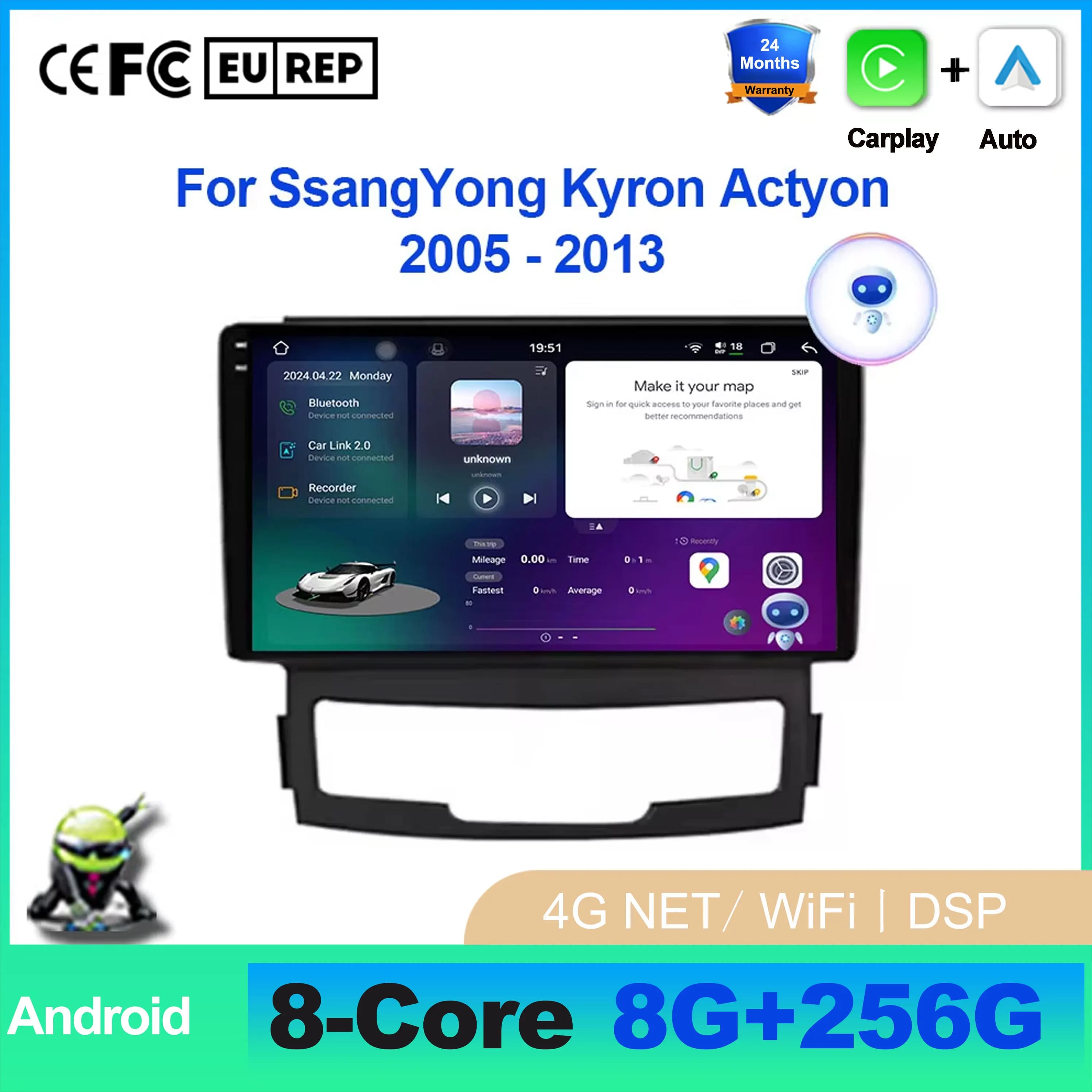 Per SsangYong Kyron Actyon 2005 - 2013 Autoradio Android 16, Lettore Multimediale Video con Schermo Touch, GPS, Navigazione, Bluetooth
