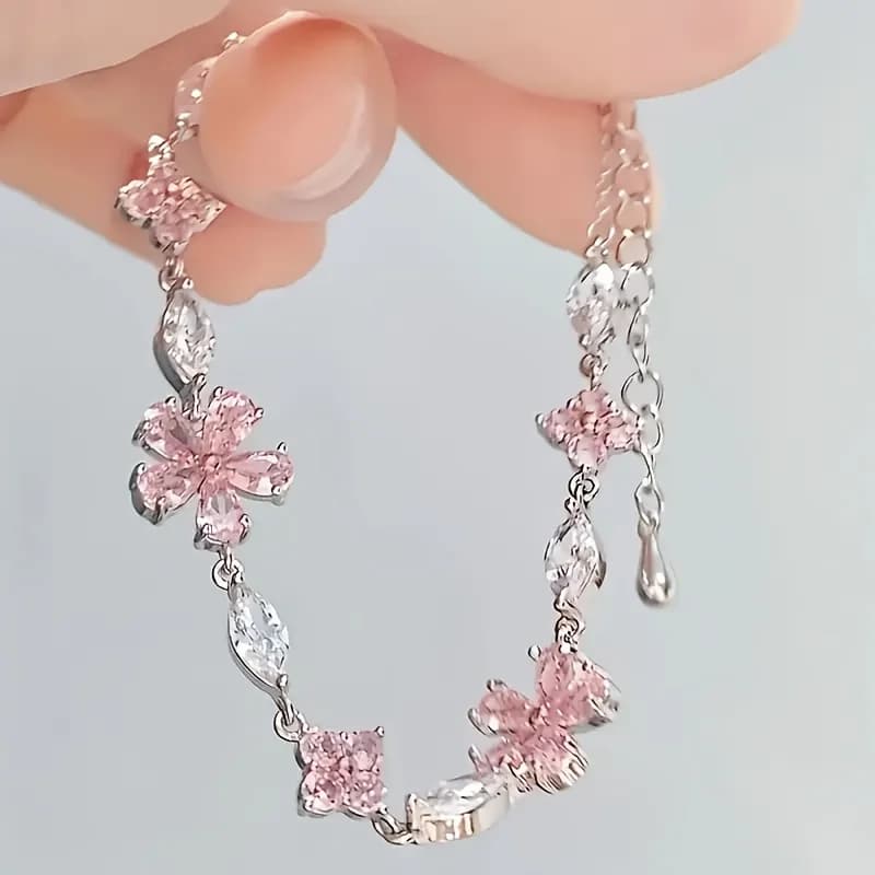 Bracciale a catena con fiori di ciliegio rosa da donna, 1 pezzo, alla moda, carino e raffinato, regolabile, con petali quadrati, ideale come regalo per le vacanze