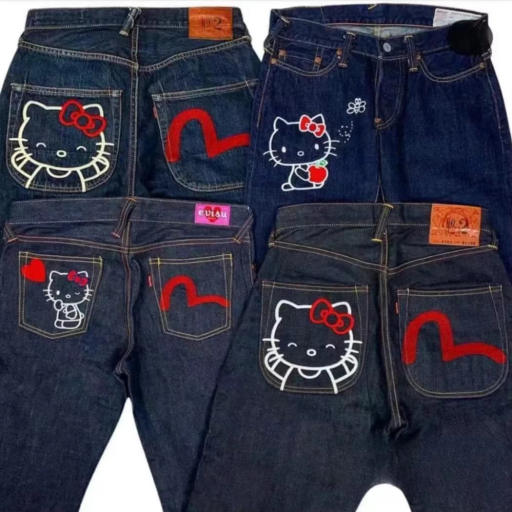 Anime Y2K Sanrio Hello Kitty New Jeans Printed Fashion Hip-Hop Trendy High Street Style Harajuku Pants Casual Straight Women's Gift