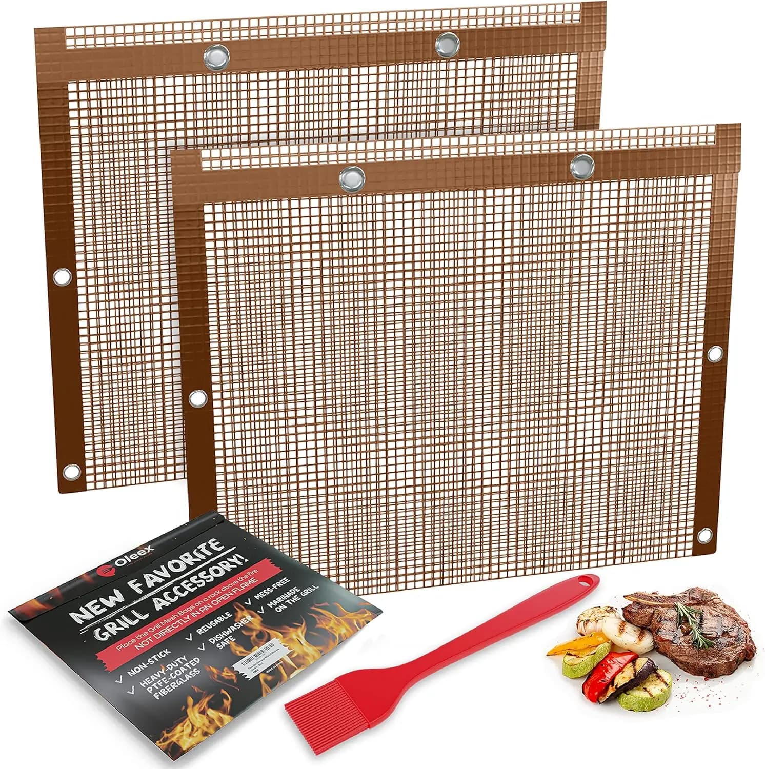 Oleex Non-Stick Large BBQ Grilling Bags Copper Color + Basting Brush - Reusable PTFE Mesh Indoor Outdoor Charcoal Barbecue Grill